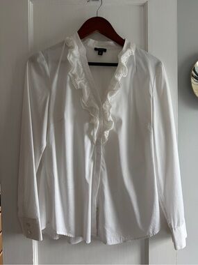 Ann Taylor White Ruffle-Trim V-Neck Blouse